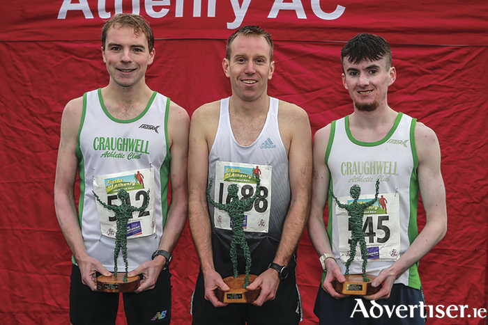 Top 3 at Athenry 10 - Jamie Fallon ( 3rd) winner John Travers and 2nd William Fitzgerald. Credit: John O Connor 
