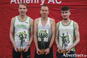 Top 3 at Athenry 10 - Jamie Fallon ( 3rd) winner John Travers and 2nd William Fitzgerald. Credit: John O Connor 
