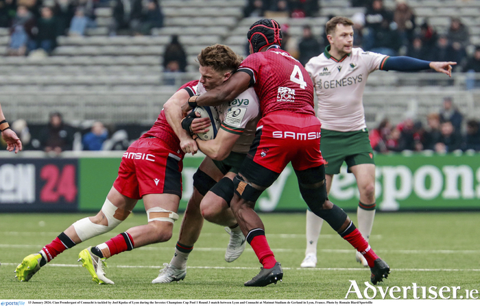 Cian Prendergast of Connacht is tackled by Joel Kpoku of Lyon during the Investec Champions Cup Pool 1 Round 3 match between Lyon and Connacht at Matmut Stadium de Gerland in Lyon, France. 