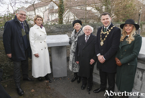 Pictured L-R at the Bodkin family vault in Rahoon: Gary McMahon and Patricia Philbin (CEO) of Galway City Council; Mrs Sabina Higgins and President Michael D Higgins; Mayor Eddie Hoare and Mrs Pamela Richardson Hoare.