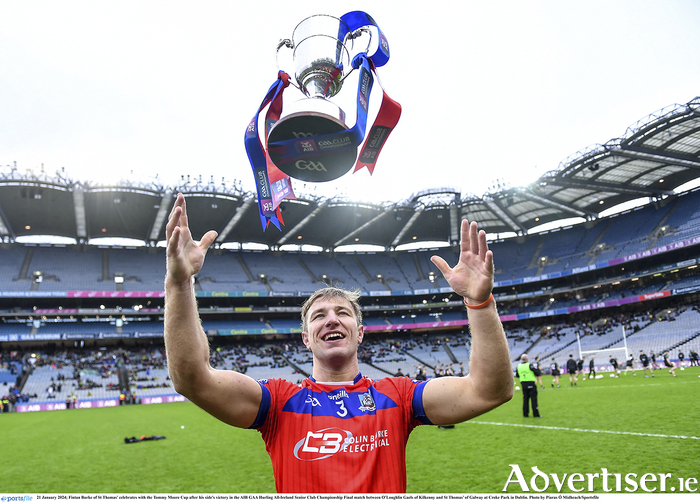 Fintan Burke of St Thomas' celebrates with the Tommy Moore Cup after his side's victory in the AIB GAA Hurling All-Ireland Senior Club Championship Final match between O?Loughlin Gaels of Kilkenny and St Thomas’ of Galway at Croke Park in Dublin. Photo by Piaras Mdheach/Sportsfile