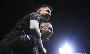 Andrew Smith of Connacht, bottom, celebrates with teammate Tiernan O&#039;Halloran after scoring their side&#039;s fourth try during the Investec Champions Cup Pool 1 Round 4 match between Connacht and Bristol Bears at the Dexcom Stadium in Galway. Photo by Seb Daly/Sportsfile