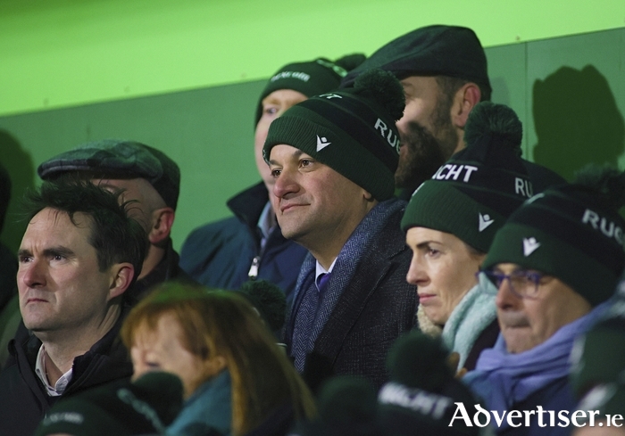 Taoiseach Leo Varadkar, flanked by Galway West TD Hildegarde Naughton (FG), at The Sportsground - now Dexcom Stadium - last week. Photo: Mike Shaughnessy.