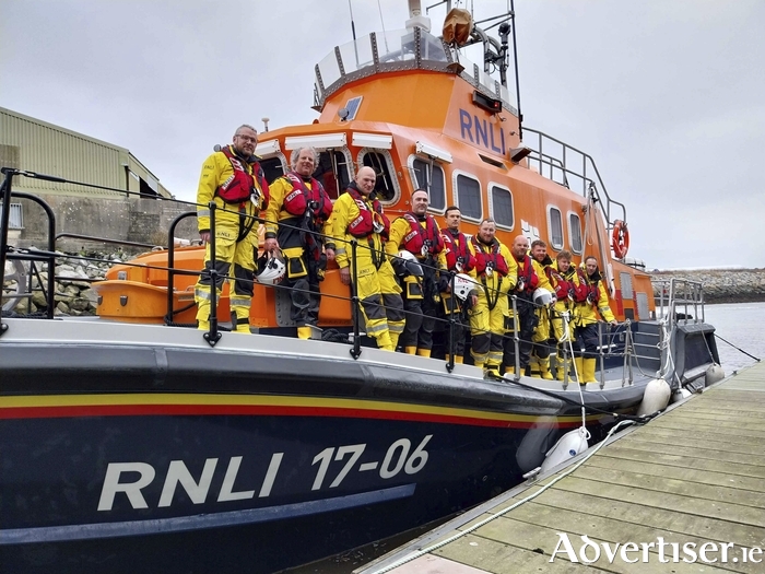 Aran Islands and Galway RNLI crew on board the Aran Islands all-weather Severn lifeboat David Kirkaldy after a joint training exercise on Galway Bay. From left: Daniel O'Connell, Brian Niland, Billy Gillan, Declan Killilea, James Corballis, Aonghus Ó HIarnáin (Coxswain), Frankie Leonard, Paraic Gill, Caelan Cullen Quinn and Mairtín Eoin Coyne (Mechanic).
