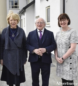 President Michael D Higgins and Sabina Higgins with director of nursing Claire Orchard, pictured visiting the Caiseal Geal Care Home.