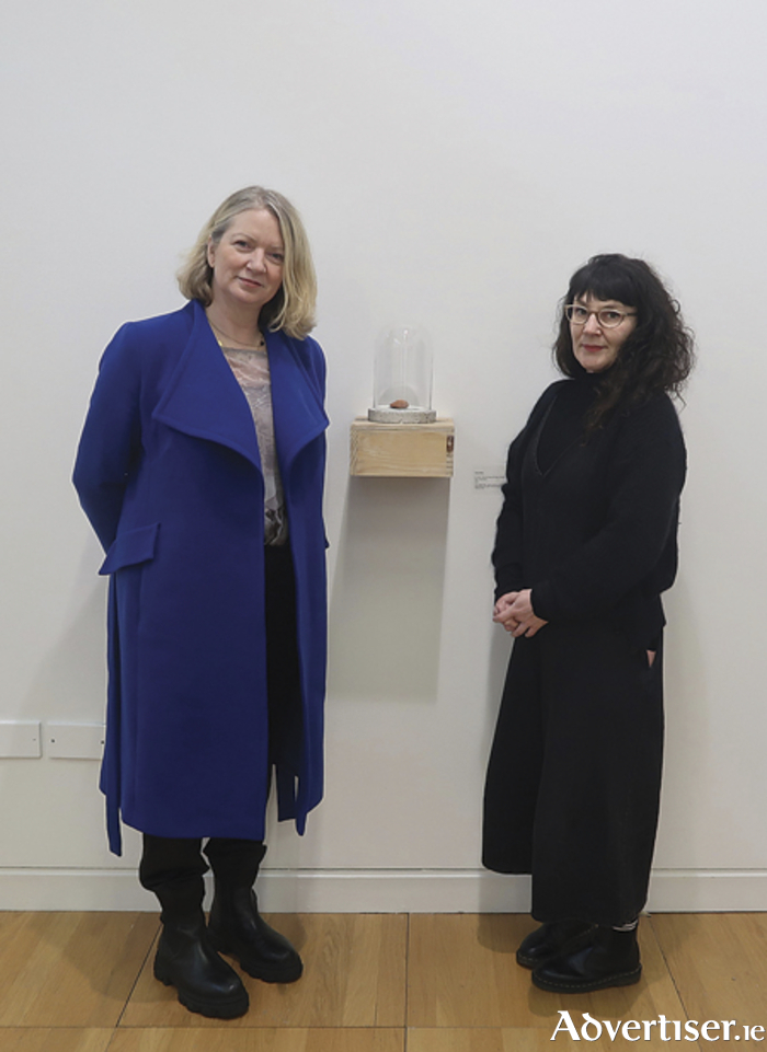 Miriam Mulrennan, Westmeath Arts Officer, is pictured with the winner of the Westmeath Artists Award 2023, Fiona Kelly, in front of the winning artwork No Such Thing as Away #3
