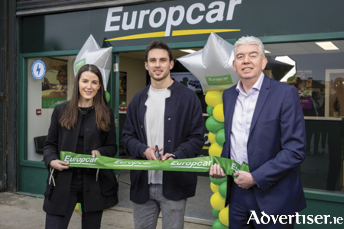 Karen McAdoo, Marketing Manager Europcar, Joey Carbery and Paul McNeice Head of Country for Europcar Mobility Group Ireland. Mandatory Credit ©INPHO/Morgan Treacy 