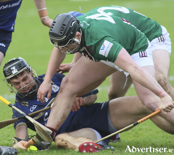 Galway’s Sean Linnane and Westmeath’s Darragh Egerton in action from the Allianz National Hurling League Division 1 group b game at Pearse Stadium on Saturday. Photo: Mike Shaughnessy  