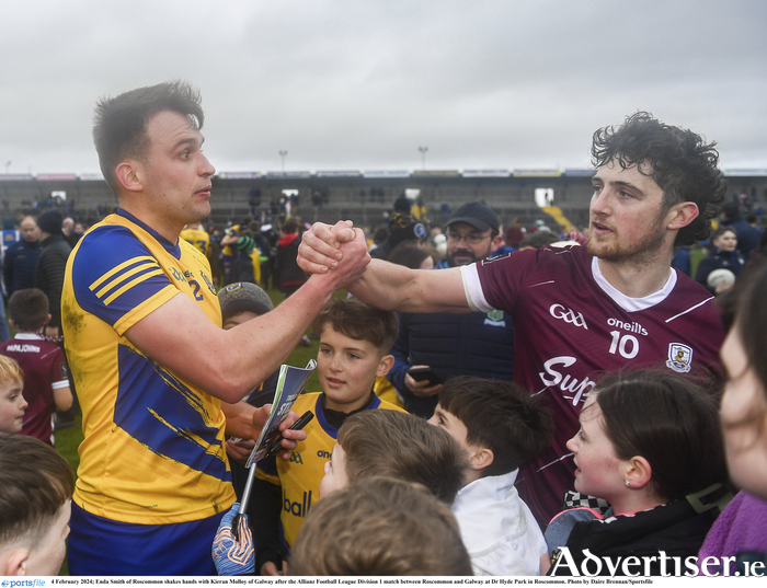 4 February 2024; Enda Smith of Roscommon shakes hands with Kieran Molloy of Galway after the Allianz Football League Division 1 match between Roscommon and Galway at Dr Hyde Park in Roscommon. Photo by Daire Brennan/Sportsfile