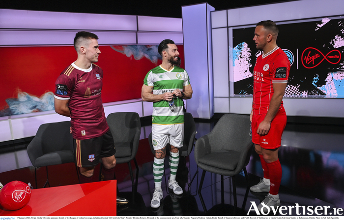 17 January 2024; Virgin Media Television announce details of live League of Ireland coverage, including televised SSE Airtricity Men's Premier Division fixtures. Pictured at the announcement are, from left, Maurice Nugent of Galway United, Richie Towell of Shamrock Rovers, and Paddy Barrett of Shelbourne, at Virgin Media Television Studios in Ballymount, Dublin. 