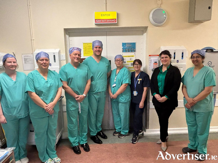 From left, Fiona Moloney Staff Nurse Interventional Radiology, MPUH; Nodlaig McDermott, Clinical Nurse Manager 2 Interventional Radiology, MPUH; Dr Mark Denton, Consultant Nephrologist, Beaumont Hospital; Dr Paul O Hara, Consultant General Physician and Nephrologist, Galway University Hospitals/Portiuncula University Hospital; Lorna Durack, Candidate Advanced Nurse Practitioner, Home Dialysis; Fidelma Gubbins, Clinical Nurse Manager 2, Hospital 1, MPUH; Imelda Mathews, Assistant Director of Nursing, MPUH and Mansu Mathew, Staff Nurse Interventional Radiology, MPUH.