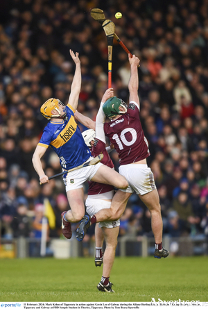 Mark Kehoe of Tipperary in action against Gavin Lee of Galway during the Allianz Hurling League Division 1 Group B match between Tipperary and Galway at FBD Semple Stadium in Thurles, Tipperary. Photo by Tom Beary/Sportsfile