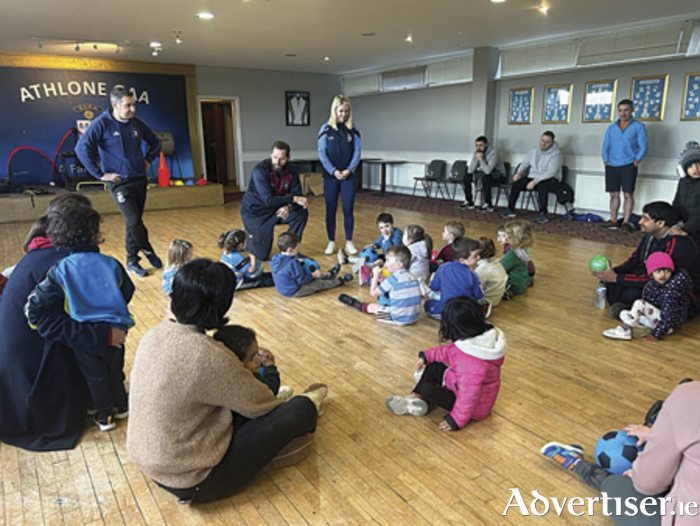 Athlone GAA Coaching and Games Officer Joe Fallon, vice-chairman and coach Darren Magee and coach Niamh Molloy welcoming the boys and girls to the Cub’s Club on Saturday morning last. 
