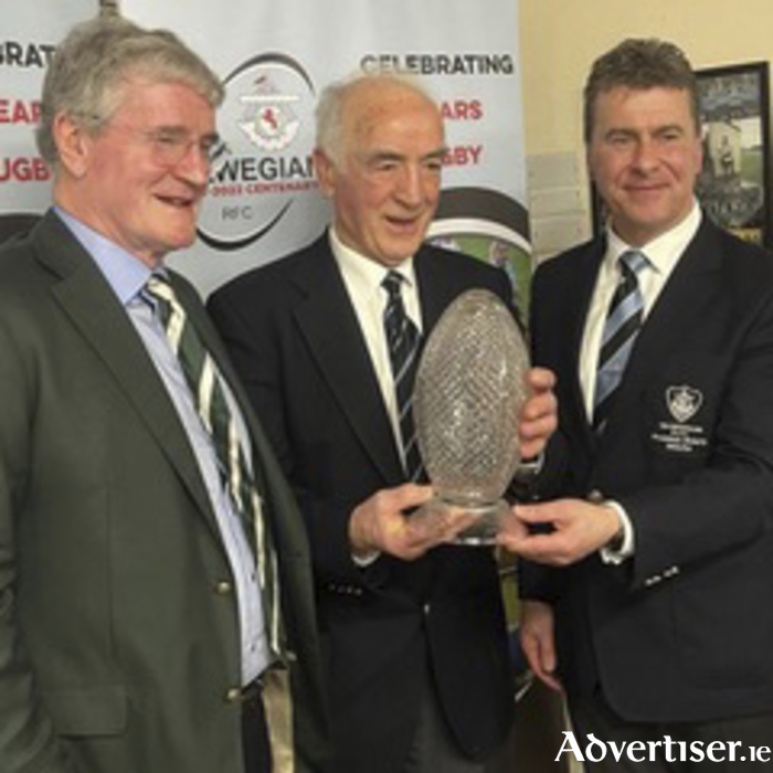 IRFU junior Vice President and former Connacht player Dr John O’Driscoll with the legendary Galwegians clubman Mick Casserly, and Galwegians RFC president Erc Dunne.