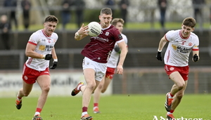 Johnny Heaney of Galway in action against Michael McKernan, left, and Niall Devlin of Tyrone during the Allianz Football League Division 1 match between Tyrone and Galway at O&#039;Neills Healy Park in Omagh, Tyrone. Photo by Ramsey Cardy/Sportsfile