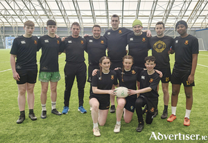 The Buccaneers playing squad who journeyed to the Sport Ireland Indoor Arena to compete for the Liam Carroll Cup at the All-Ireland Mixed Touch Rugby Championship.