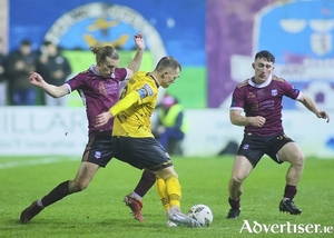 Galway United&rsquo;s Regan Donelon and St Pat&rsquo;s Jamie Lennon in action from the SSE Airtricity League Premier Division game at Eamonn Deacy Park on Friday night. Photo: Mike Shaughnessy 