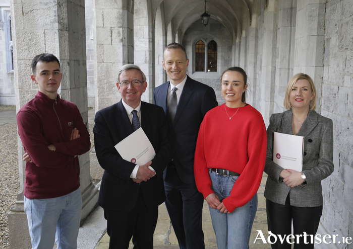 Announcing the University of Galway and Deloitte five-year strategic partnership were Conor Sweeney, fourth year BComm student, Professor Ciarán Ó hÓgartaigh, President of University of Galway, Harry Goddard, CEO, Deloitte Ireland, Maoiliosa Walsh, fourth year BComm student, and Professor Alma McCarthy, Dean of the J.E. Cairnes School of Business and Economics. Photo: Mike Shaughnessy