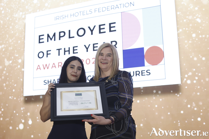 laria de Filippo, Supervisor at The Galmont Hotel and Spa, Employee of the Year Winner from the Galway Branch of the Irish Hotels Federation (IHF), was commended at the annual IHF conference which took place Monday 26th and Tuesday February 27 at the Slieve Russell Hotel, Co. Cavan. Pictured are IHF President Denyse Campbell and Ilaria de Filippo. More than 400 hotel and guesthouse owners and managers from across Ireland gathered for the conference, discussing the opportunities and challenges facing Ireland’s tourism and hospitality industry in 2024 and beyond.