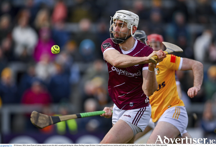 Jason Flynn of Galway shoots to score his side's second goal during the Allianz Hurling League Division 1 Group B match between Antrim and Galway at Corrigan Park in Belfast. Photo by Tyler Miller/Sportsfile