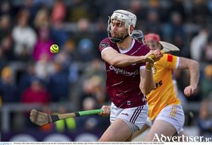 Jason Flynn of Galway shoots to score his side&#039;s second goal during the Allianz Hurling League Division 1 Group B match between Antrim and Galway at Corrigan Park in Belfast. Photo by Tyler Miller/Sportsfile