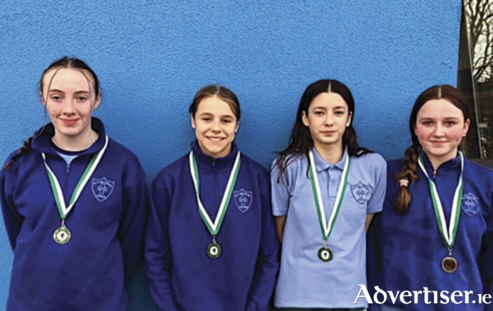 Pictured are the Our Lady’s Bower Junior swimming team who achieved second place in the individual medley relay race at the recently hosted Connacht Championships
