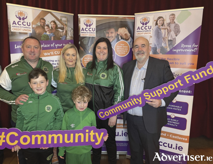 Representatives from St Peter’s FC receive their funding award from Mr Tony Gannon, chairman, ACCU community support fund at a recent presentation which took place in The Bounty 
