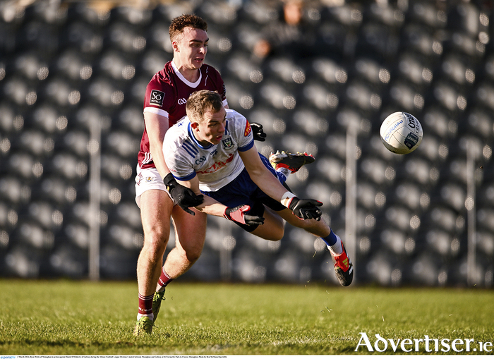 Jack McCarron of Monaghan in action against Daniel O'Flaherty of Galway during the Allianz Football League Division 1 match between Monaghan and Galway at St Tiernach's Park in Clones, Monaghan. Photo by Ben McShane/Sportsfile