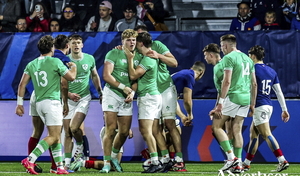 Hugh Gavin of Ireland celebrates with teammates after scoring their side&#039;s third try during the U20 Six Nations Rugby Championship match between France and Ireland at Stade Maurice David in Aix-en-Provence, France. Photo by Johnny Fidelin/Sportsfile