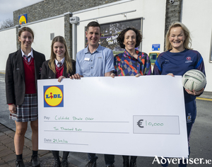 Col&aacute;iste Baile Chl&aacute;ir were awarded an incredible &euro;10,000 in the Lidl Plus LGFA Rewards scheme. Pictured outside Lidl Galway are students Leah O&#039;Halloran and Brenda Naughton, football coach Sarah Conneally and deputy principal Emma Ryan with Damien Hanniffy, Lidl Store Manager. Pic: Andrew Downes