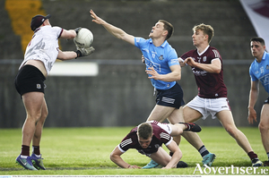 Con O&#039;Callaghan of Dublin blocks a clearance by Galway goalkeeper Bernard Power on his way to scoring his side&#039;s first goal during the Allianz Football League Division 1 South Round 3 match between Galway and Dublin at St Jarlath&#039;s Park in Tuam, Galway. Photo by Ramsey Cardy/Sportsfile