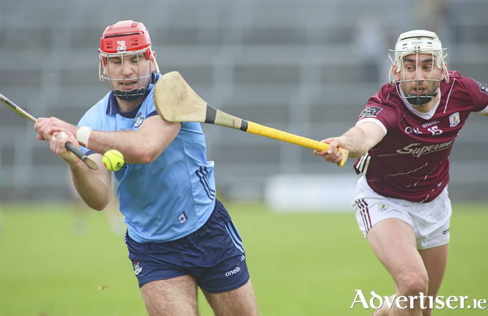 Galway’s Jason Flynn and Dublin’s Paddy Flynn in action from the Allianz National Hurling League game at Pearse Stadium on Sunday. Photo: Mike Shaughnessy 