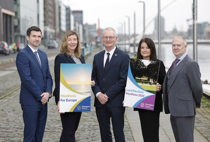 Photo Caption – Pictured (l-r) at the launch of Chambers Ireland’s Local and EU Election Manifestos are David Branagan, Fingal Chamber; Mary Rose Burke, Dublin Chamber; Ian Talbot, Chambers Ireland; Helen Downes, Shannon Chamber; and Peter Byrne, South Dublin Chamber.  

