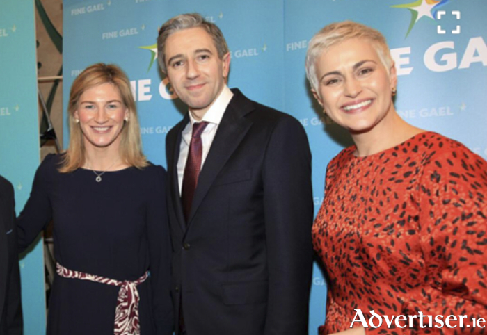 Midlands North West candidates Nina Carberry and sitting MEP Maria Walsh pictured with new FG leader Simon Harris at the selection convention in Athlone on Sunday.