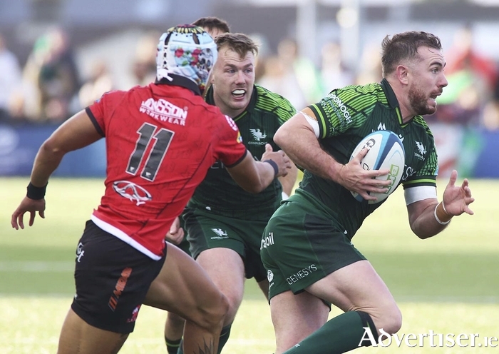 Connacht’s JJ Hanrahan evades the Lions' Edwill Van Der Merwe at Dexcom Stadium last Saturday. (Photo: Mike Shaughnessy) 