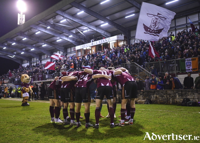 Galway United players in a huddle before the SSE Airtricity Men's Premier Division match between Galway United and Shamrock Rovers at Eamonn Deacy Park in Galway. 