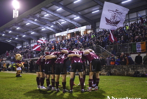 Galway United players in a huddle before the SSE Airtricity Men&#039;s Premier Division match between Galway United and Shamrock Rovers at Eamonn Deacy Park in Galway. 