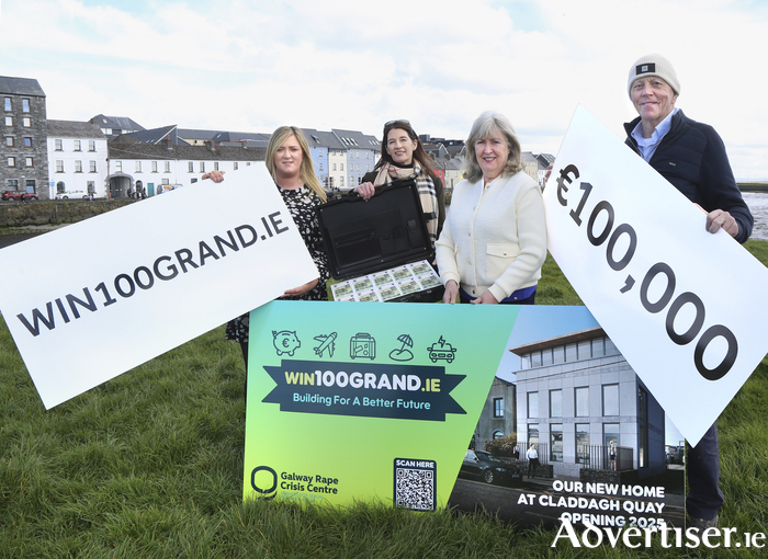 Attending the launch of the Galway Race Crisis Centre fundraiser WIN100GRAND.ie (left to right): Alana Long, Susan Costello, Cathy Connolly (Executive Director, GRCC) and Iognáid Ó Muircheartaigh.
