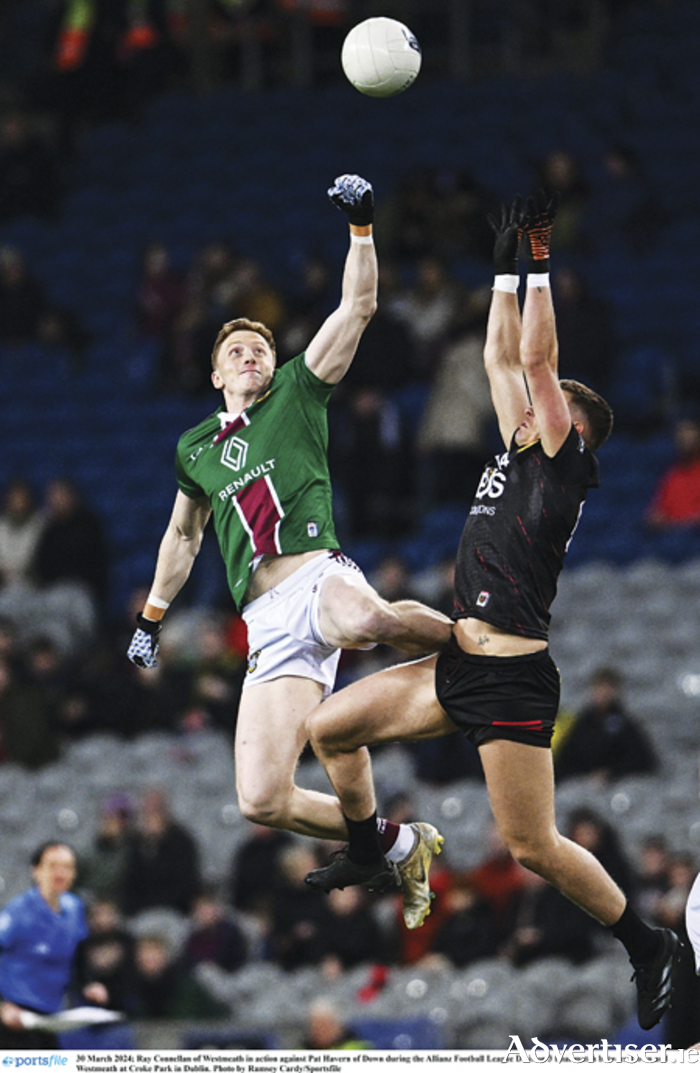 Athlone club player Ray Connellan rises highest during Westmeath's Allianz Football League Division 3 final victory over Down at Croke Park. Photo by Ramsey Cardy/Sportsfile