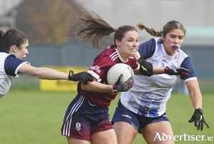 Galway&rsquo;s Kate Geraghty is flanked by Waterford&rsquo;s Hannah and Eve Power in action from the Lidl Ladies National Football League game at Duggan Park, Ballinasloe, on Sunday. (Photo: Mike Shaughnessy) 