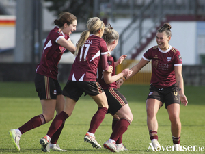 Galway United&rsquo;s Julie-Ann Russell celebrates scoring against Bohemians with Jenna Slattery in the SSE Airtricity League of Ireland Women&rsquo;s Premier Division clash. 
Photo: Mike Shaughnessy 