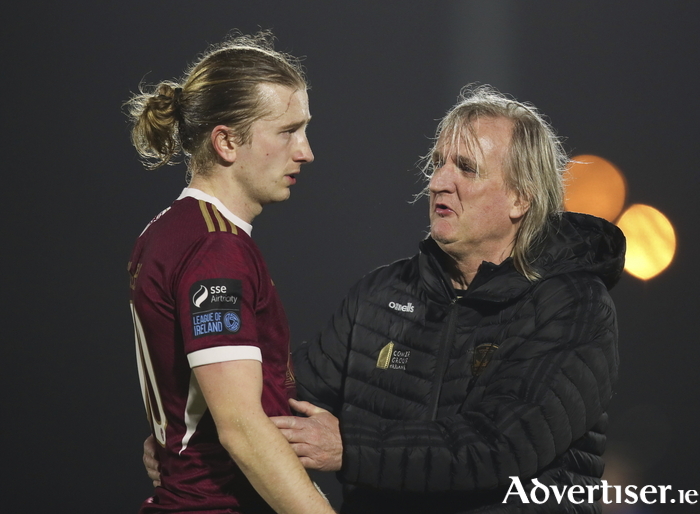 David Hurley of Galway United with assistant manager Ollie Horgan. United will face league-leaders Shelbourne on Friday without their supporters due to disciplinary issues.  