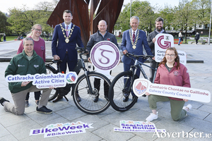 The Mayor of Galway Cllr Eddie Hoare and Cathaoirleach of Galway County Council, Cllr Liam Carroll with Jason Craughwell, Sports Partnership Coordinator - Galway City Sports Partnership, Rachel Dervan, Galway Sports Partnership, and Eoin McDermot, Active Travel Officer, Galway City Council. (Front row) Declan Burke, Active Cities Officer, Galway City Council and Ellie Loftus, SIDO Photo: Mike Shaughnessy 