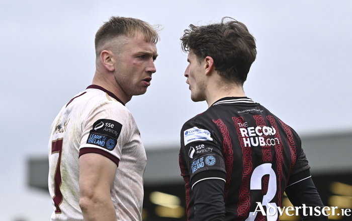 Paddy Kirk of Bohemians and Stephen Walsh of Galway United tussle during the SSE Airtricity Men's Premier Division at Dalymount Park on May 6. (Photo: Ben McShane)