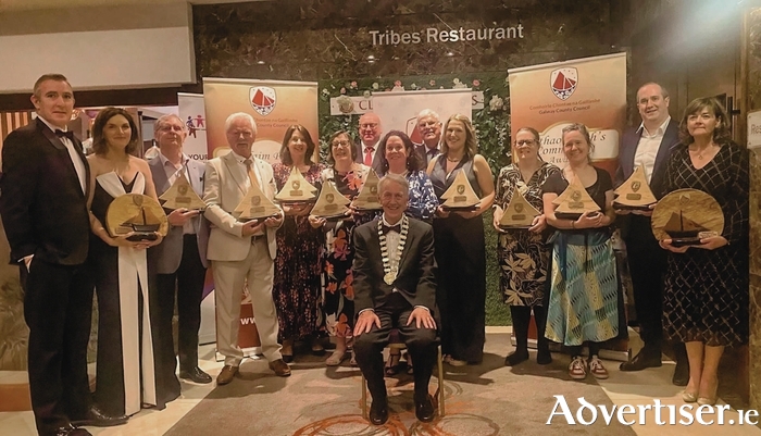 Representatives of the winning groups in the Cathaoirleach?s Community Awards 2024 pictured with Cllr. Liam Carroll, Cathaoirleach of the County of Galway; Liam Conneally, Chief Executive of Galway County Council and Vincent Lyons of Galway County PPN at the Cathaoirleach?s Ball in the Clayton Hotel, Galway. Photo Murtography.