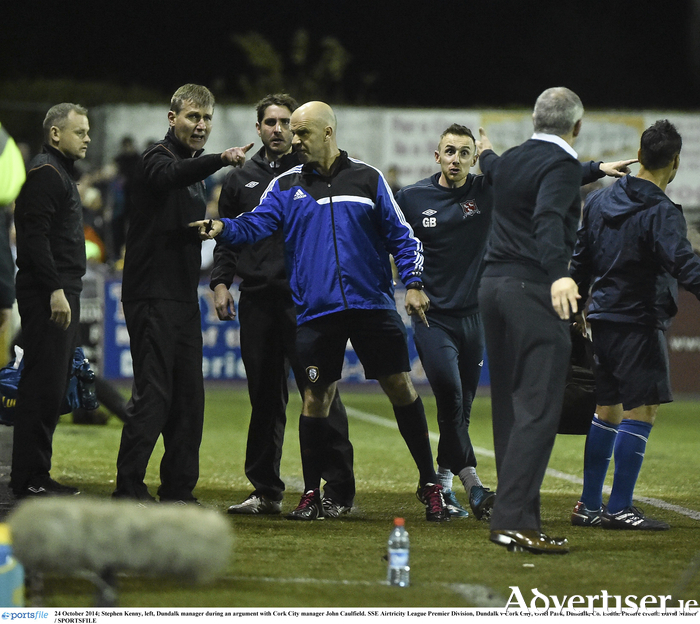 Former Ireland and current St. Pat's manager Stephen Kenny will renew his rivalry with Galway United boss John Caulfield on Friday night. The pair have a storied history in the Irish Premier 
division. Pictured here are the two men on the line as Dundalk and Cork City managers in 2014.
