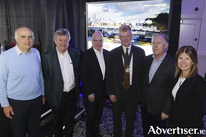Pictured at the Lifelong Neighbourhood conference in Galway (l-r): Andreas Markides, AoU Chair; Tony Reddy FRIAI; Peter Hynes FRIAI; RIAI President Sean Mahon FRIAI; David Browne FRIAI; and Kathryn Meghen RIAI CEO