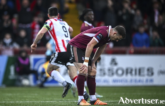 Killian Brouder of Galway United after his side conceded a second goal during the SSE Airtricity Men's Premier Division match between Derry City and Galway United at the Brandywell Stadium in Derry. 