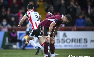 Killian Brouder of Galway United after his side conceded a second goal during the SSE Airtricity Men&#039;s Premier Division match between Derry City and Galway United at the Brandywell Stadium in Derry. 