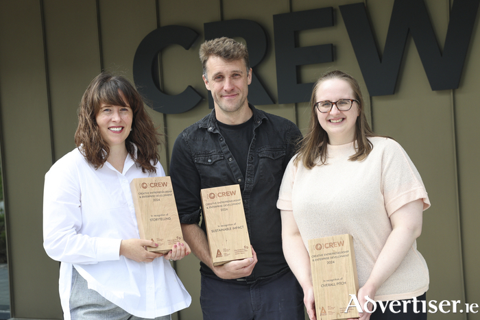 CREW's Creative Entrepreneurship Showcase award winners, Kate Costello, Ryan McKenna, and Overall Pitch Winner Michaela Murphy of Ballinasloe. Photo Martina Regan